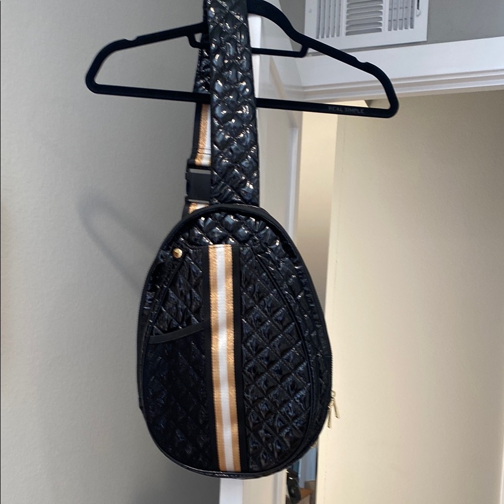 Black Quilted Crossbody Bag with Gold Stripe
